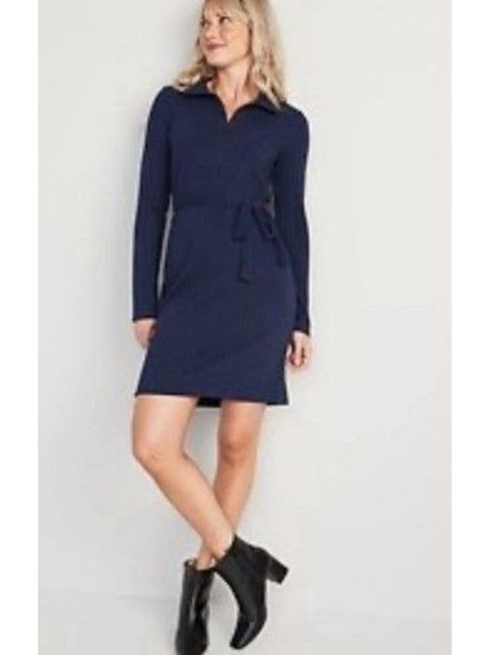 Old Navy Navy Fitted Rib-Knit Tie-Belt Long-Sleeve Mini Polo Dress Size XXL